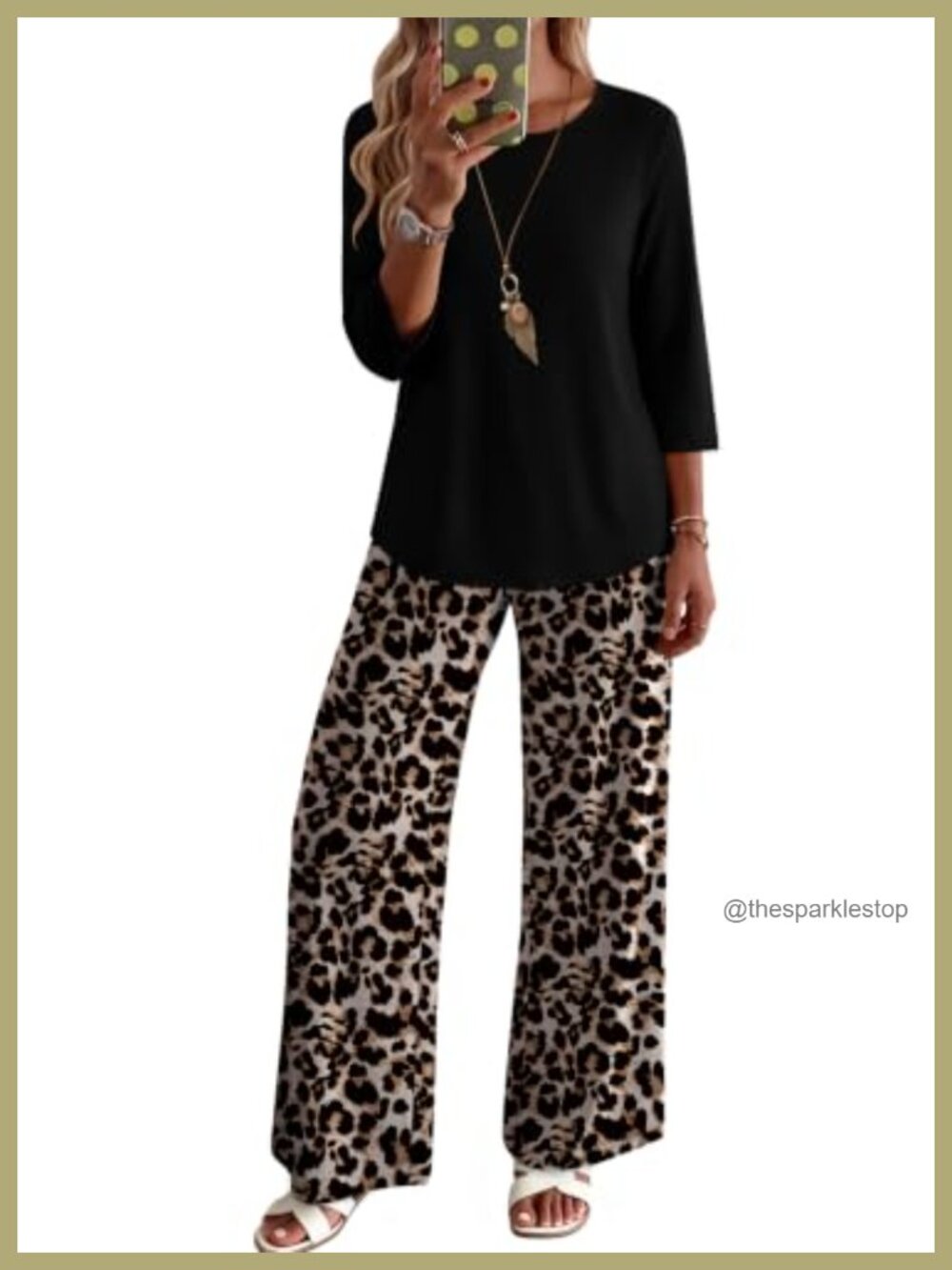 WIHOLL Two Piece Lounge Set 3/4 Sleeve Top Printed Pants Womens
